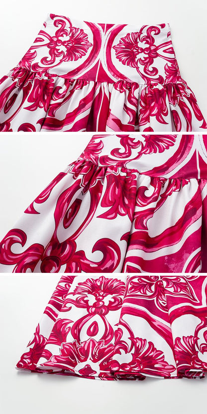 Flaxmaker Classic Women Sexy Bikini Sets Long Sleeves Majolica Series Pattern Print One Piece Swimsuit Skirt Biquini Beachwear