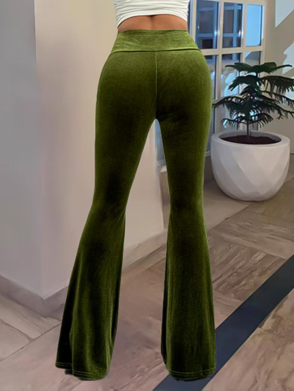 New canary flares women's spring and autumn thin pants high waist thin green wide leg pants casual straight leg micro cropped pa