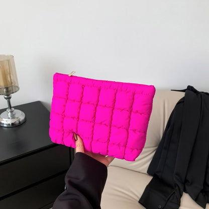 Elegant Puffy Quilted Padded Makeup Bag Zipper Storage Bag Cotton Clutch Bag Handbag Solid Color Cosmetic Bag Lady