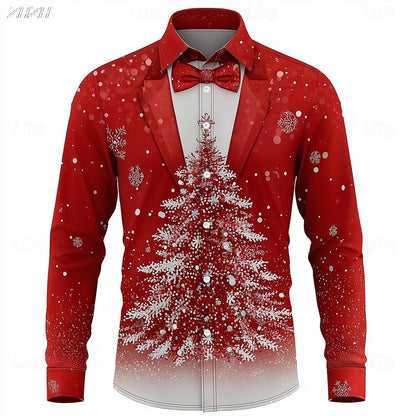 Men's Christmas Snowflake Tuxedo Shirt, 3D Printed Tie Design, Funny Costume Attire,Holiday Party Wear, Spring Fall Formal Style