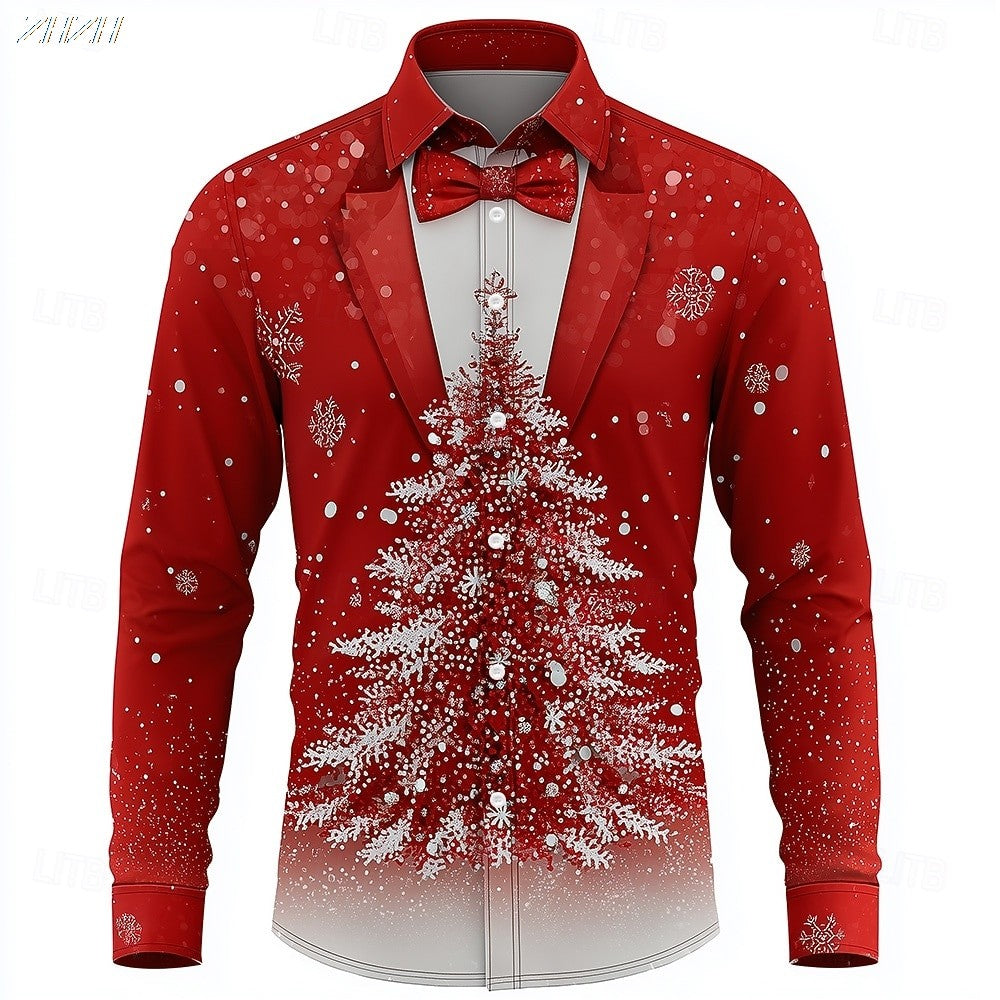 Men's Christmas Snowflake Tuxedo Shirt, 3D Printed Tie Design, Funny Costume Attire,Holiday Party Wear, Spring Fall Formal Style