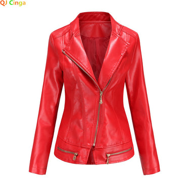 Women's Bright Red Lapel PU Jacket, Zippered Embellished Leather Jackets, Women Fashion Casual Coat of Female Outerwear