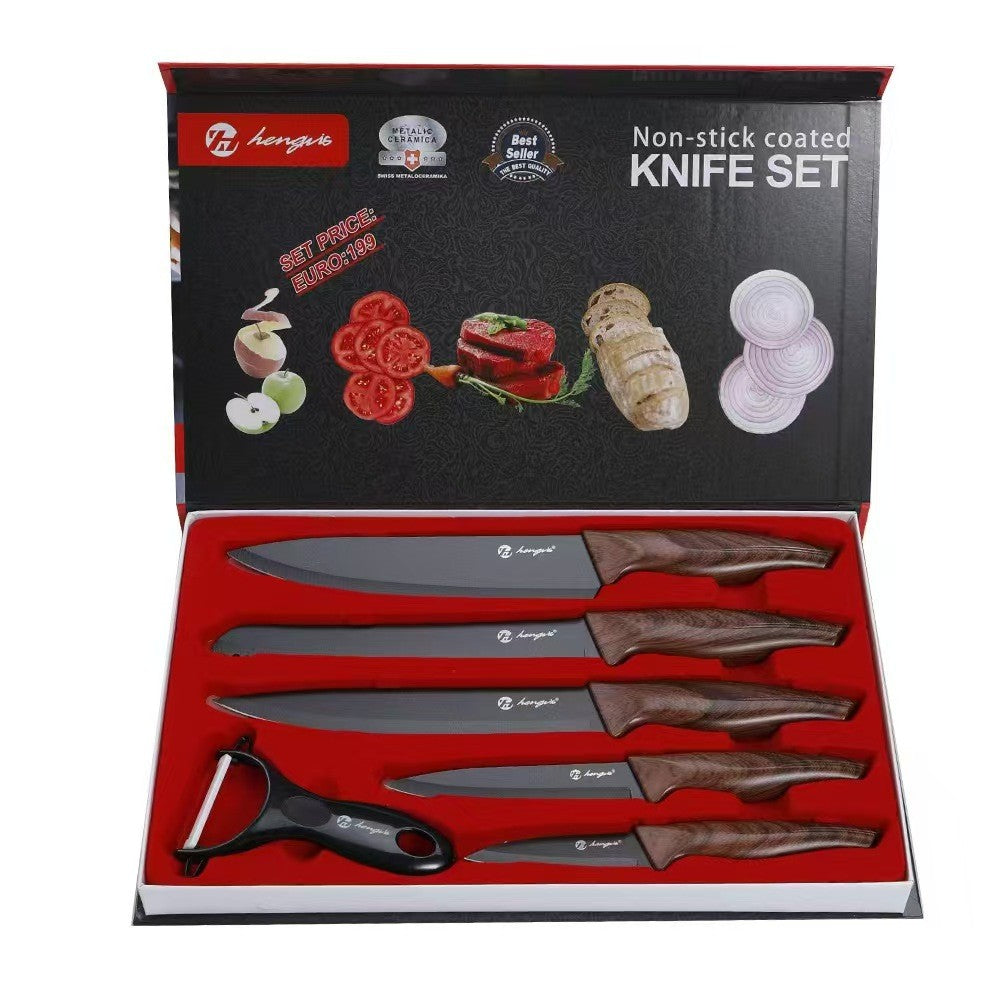 Kitchen knife set, stainless steel non-stick knife, black-edged marble rose gold six-piece set, 2025 explosion
