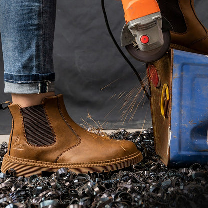 Sapatos de Segurança Impermeáveis Masculinos com Biqueira de Aço Botas de Couro Calçado Masculino Sapatos de Trabalho Indestrutíveis para Construção Marrom