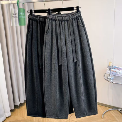 2025 Autumn Winter New All-match Fashionable Solid Color Elastic Waist Wide Leg Pants Women Clothes Casual Drawstring Trousers