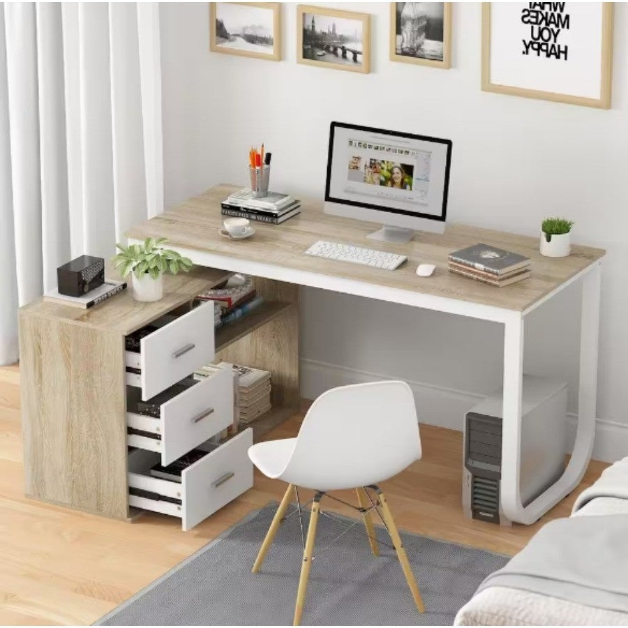 55.1 in. L Shaped Oak and White Wood with 3-Drawer Computer Desk Writing Desk Study Table Home Office,easy to assemble