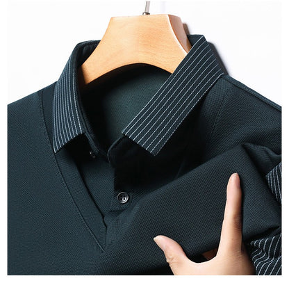 Fashion Fake Two-piece Men Long Sleeve Shirt Stripe Splice Lapel Loose Casual Pullover Tops 2025 Male Formal Business Polo Shirt