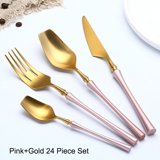 Conjunto de Talheres 24 Peças Aço Inox Fosco Preto Dourado Jogo de Talheres de Mesa Faca Colher Garfo Lavável em Lava-louças