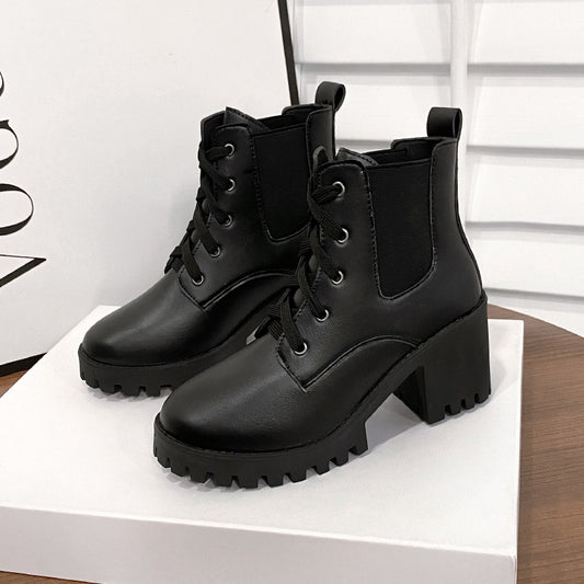 Women Retro Round Toe Chunky Heels Ankle Boots Autumn New High Heels Shoes Woman Lace Up Platform Short Booties Big Size 43