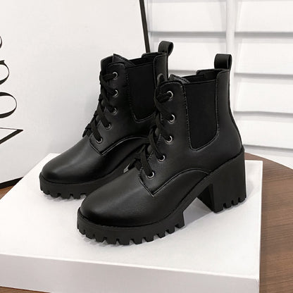 Women Retro Round Toe Chunky Heels Ankle Boots Autumn New High Heels Shoes Woman Lace Up Platform Short Booties Big Size 43