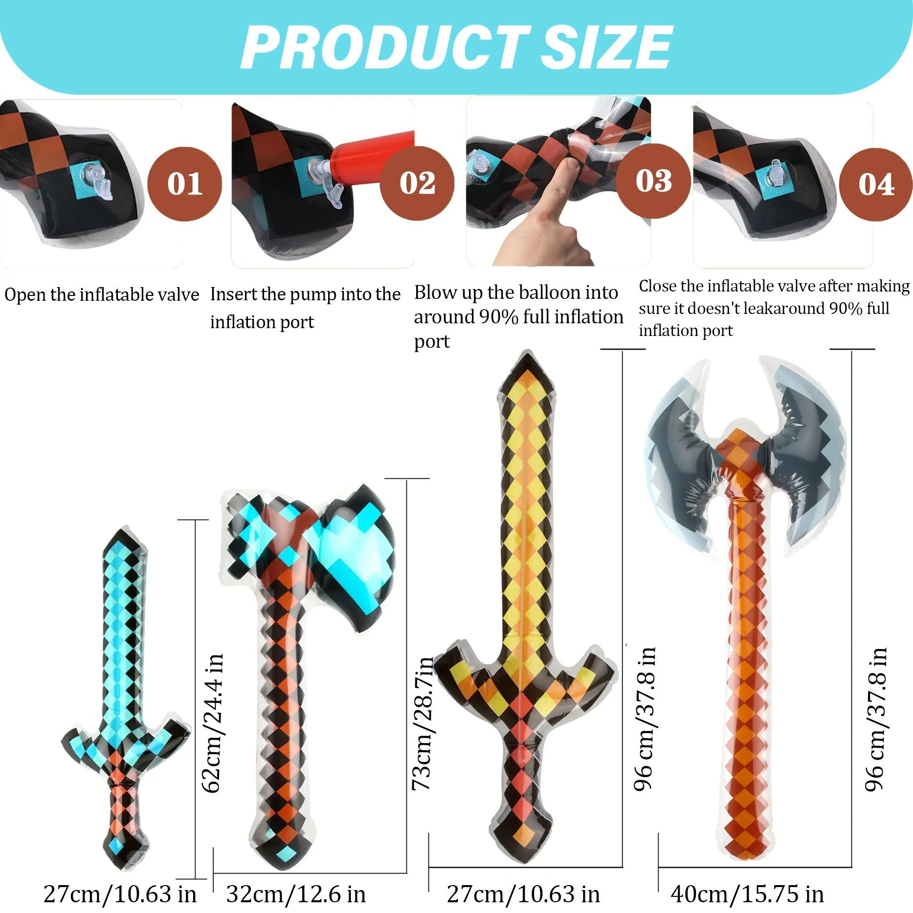 12-72Pcs Inflatable Weapons for Kids Pixel Diamond Swords Inflatable Sword for Theme Party Birthday Halloween Party Cosplay