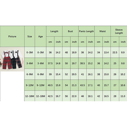 Baby Boy Gentleman Outfits Long Sleeve Lapel Romper + Plaid Suspender Pants + Bow Tie 3Pcs Sets Newborn Toddler Christmas Formal