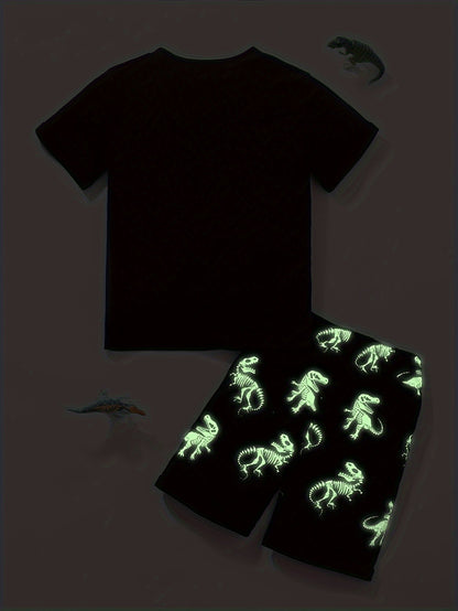 Toddler Boys Pajamas Glow-in-the-dark Short-sleeved Homewear With Dinosaur Pattern Kids Boy Two-piece Pajamas Set