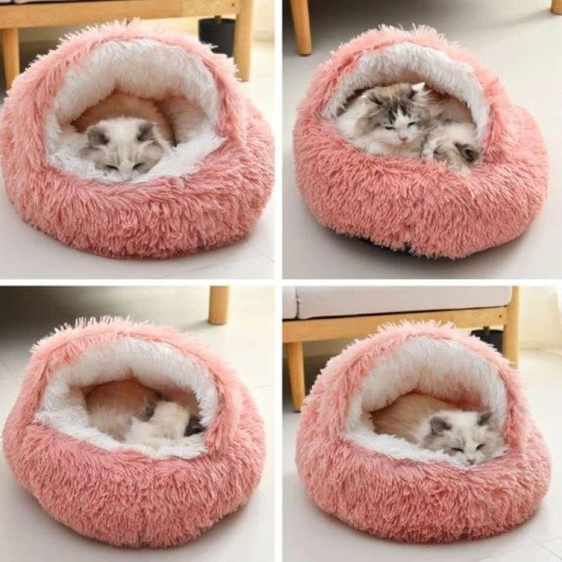 Cama para Pets 2 em 1 de Pelúcia Macia 50CM com Cobertura Redonda Cama para Gatos Colchão para Filhotes Quente Ninho Caverna para Cães Pequenos Tapetes