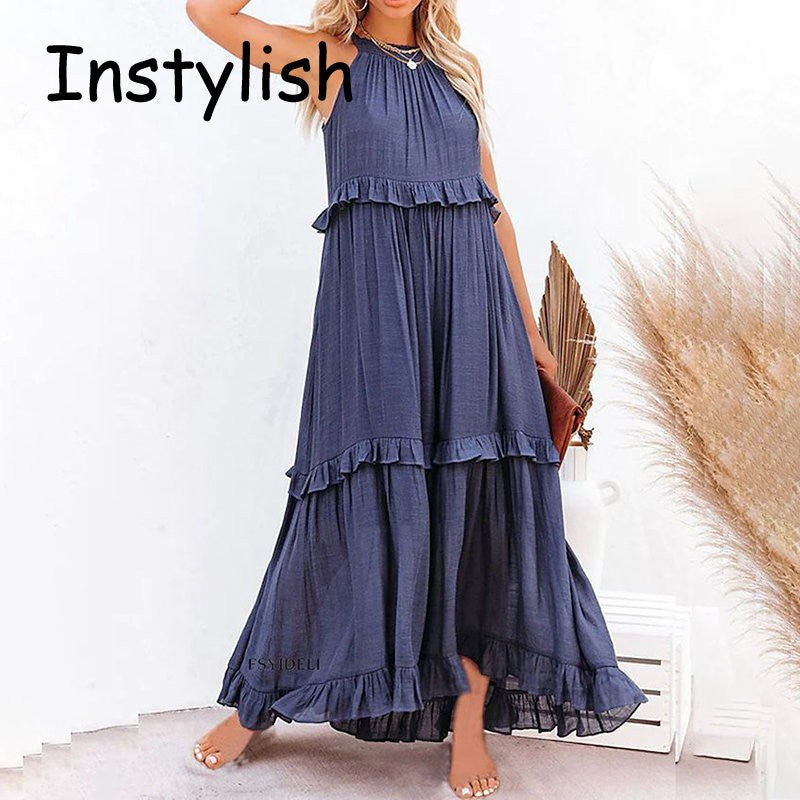Women Casual Solid Ruffles Long Dress Summer Elegant Sleeveless Sundress Elegant