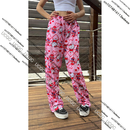 HOT SALE 2025 Hello Kitty Girls Pajamas Cartoon Y2K Print Street Dance Trousers Women Casual Couple Home Graffiti Pajamas Pants