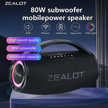 Alto-falante sem fio ZEALOT S97 80W, Subwoofer portátil para uso externo, Qualidade de som Hifi, Emparelhamento duplo, Carregamento rápido, 16000mAh.