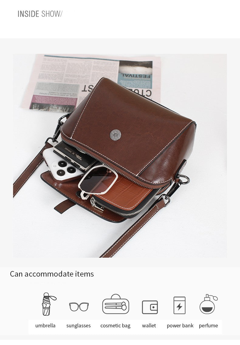 Oil Wax Cowhide Genuine Leather Crossbody Small Bag for Women Fashionable Versatile Shoulder Shell Handbag Lady Casual Phone Bag