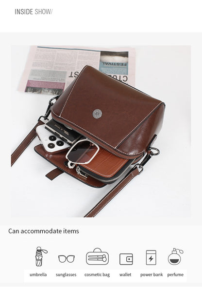 Oil Wax Cowhide Genuine Leather Crossbody Small Bag for Women Fashionable Versatile Shoulder Shell Handbag Lady Casual Phone Bag