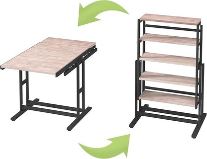 2-in-1 Shelf To Table Compact Furniture, Extendable Dining Table With Metal Frame, Convertible Kitchen Table For 4-6, 55inch