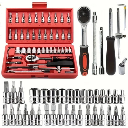 Kit de Ferramentas de Reparo Automotivo 46 Peças, Caixa de Ferramentas de Chave Catraca Combinada, Jogo de Ferramentas para Manutenção Automotiva e Reparo de Soquetes Veiculares