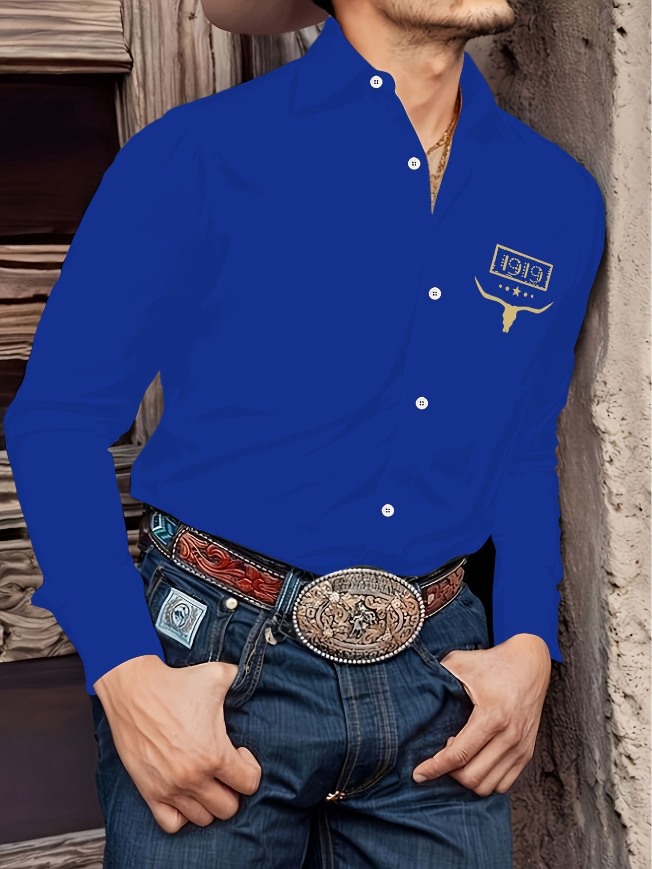 Spring and Autumn Cowboy Style Printed Men's Long Sleeve Shirt Men's Loose Fit Collar Top Casual Street Fashion Clothing