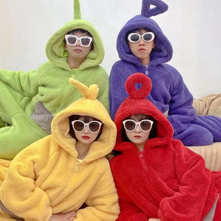 Adult Kids Teletubbies Costumes Soft Long Sleeves Piece Pajamas Costume Lala Home Clothes Cosplay Adult Unisex HomeWear