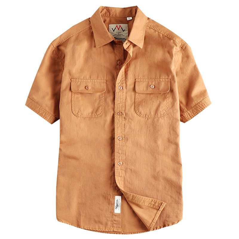 2024 Summer New American Retro Short Sleeve Lapel Cargo Shirt Men's Simple 100% Cotton Washed Double Pockets Casual Blouses