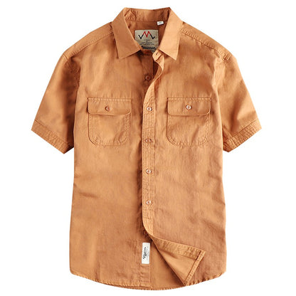 2024 Summer New American Retro Short Sleeve Lapel Cargo Shirt Men's Simple 100% Cotton Washed Double Pockets Casual Blouses