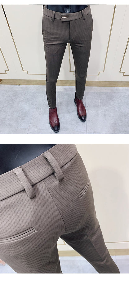 Calça Social Listrada Masculina Slim Fit com Tornozelo Justo Calça Social Masculina para Escritório e Festa Calça Social Masculina para Negócios Slim Fit