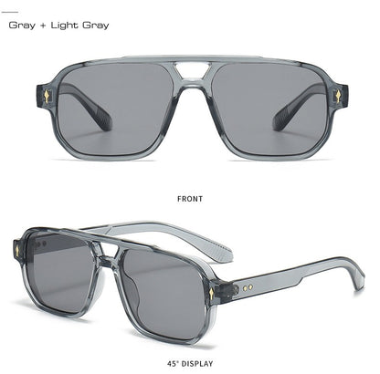SO&EI Vintage Double Bridges Men Square Sunglasses Fashion Clear Ocean Lens Eyewear Women Trending Rivets Sun Glasses UV400