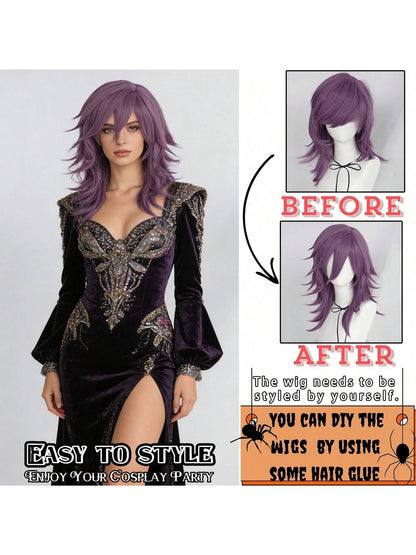Synthetic Medium Length Fluffy Spiky Women Man Layered Straight Anime Cosplay Wig with Bangs for Halloween Party