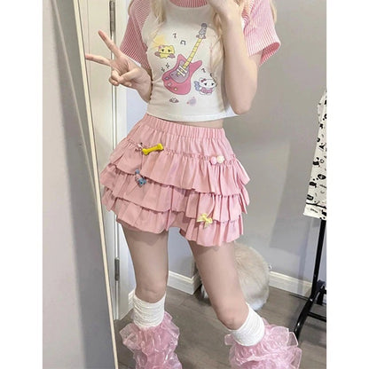 Y2K Sweet Ruffles Mini Skirt Women Kawaii Lolita Bow A Line Skirts Harajuku Japanese High Waist Pink White Ball Gown Skirt