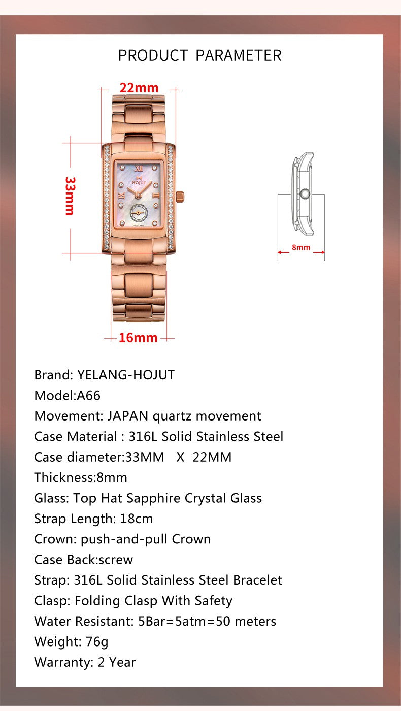 Classic square waterproof stainless steel material women's quartz watch