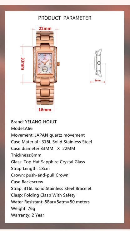 Classic square waterproof stainless steel material women's quartz watch