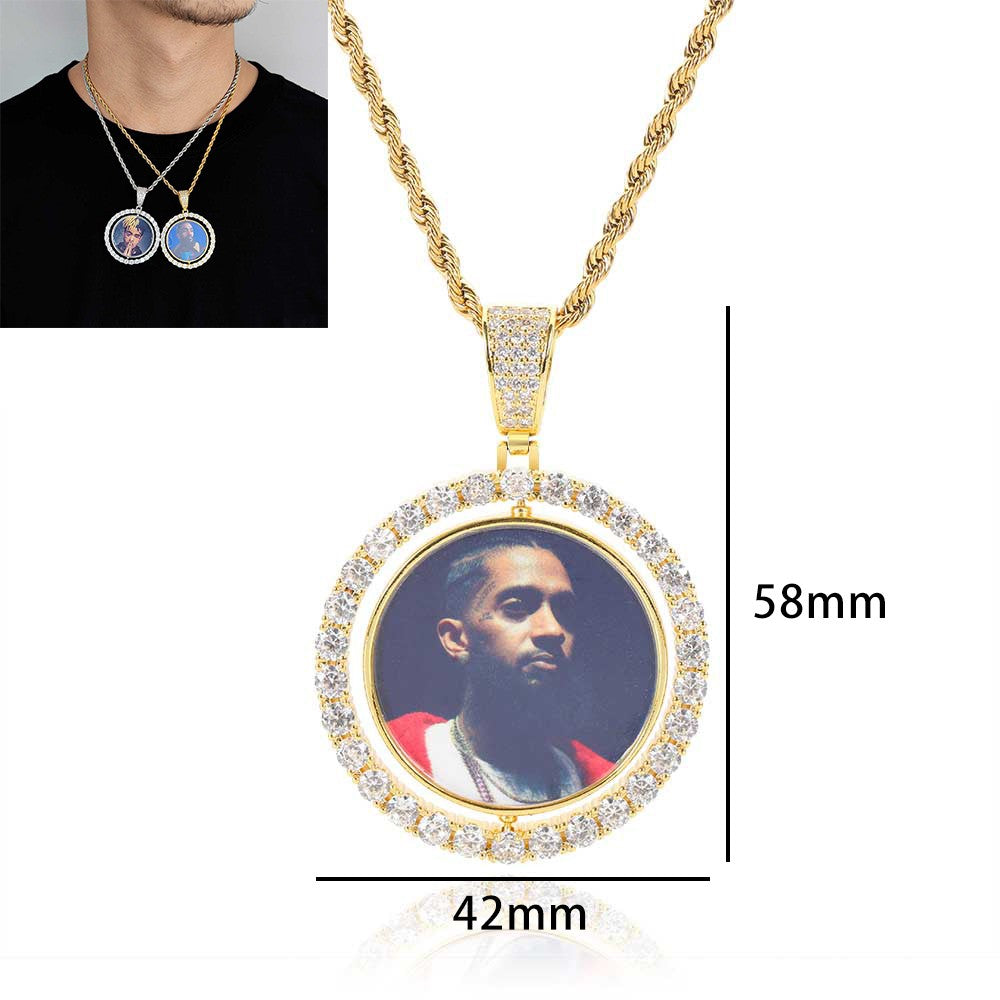 Wholesale Custom Photo Pendant Memory Medallions Rotary Double-Sided Picture Necklace Hip Hop Iced Jewelry Personalized Gift