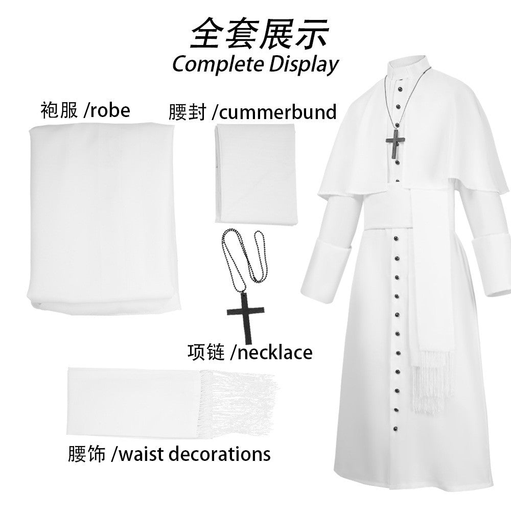 Medieval Renaissance Retro Priest Cosplay Costumes Catholic Church Religion Papal Priest Mass Preacher Solid Robe Clergy Cassock