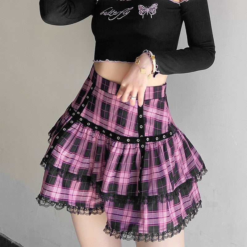 Lolita Cake Mini Skirts Gothic Japanese Harajuku Girls Purple Pink Plaid Pleated Skirt Punk Sweet Lace Kawaii Cosplay Costume