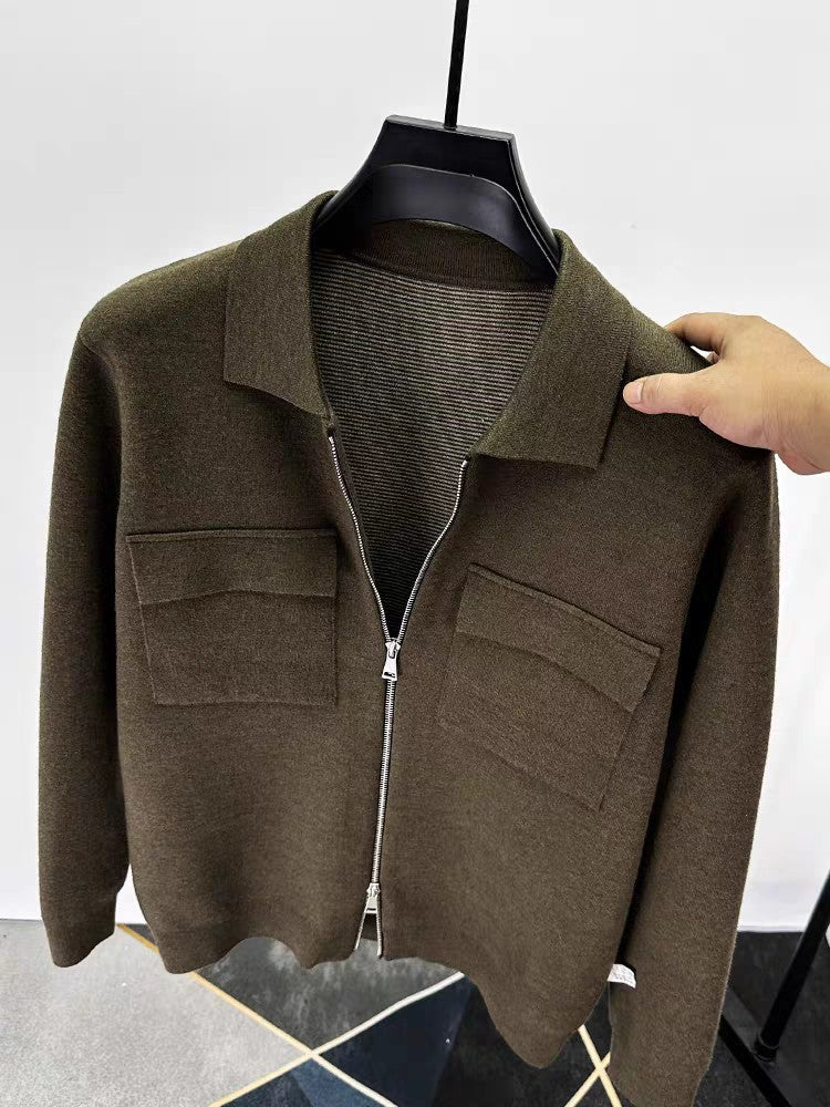 Premium Zipper Collar Wool Cardigan Men's Casual Coat Autumn/Winter Luxury Pocket Design Solid Color Casual Warm Sweater Jacket