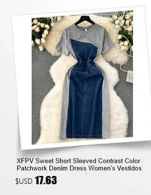 XFPV Women's Sweet high Waist Wrap Belt Round Neck patchwork Denim Shirt  Chic Top Y2k Korean Fashion Spring Summer 2025 SM11327