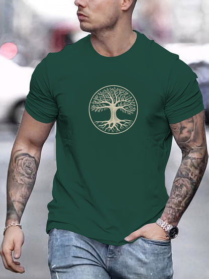 Men's summer 100% pure cotton fashionable casual sports wide pine pattern printed sports round neck short sleeved T-shirt top
