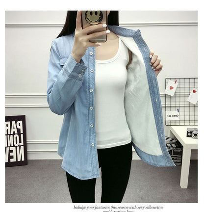 2022 Casual winter Autumn warm thick fleece denim Blouses Women Ladies Tops Women Blouses Long Sleeve Shirt clothe S-3XL