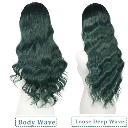 Ombre Verde Escuro Ondulado Perucas Sintéticas Raízes Escuras Cosplay Peruca Verde Renda Frente 13x4 Para Mulheres Pré-Arrancada Linha do Cabelo Natural