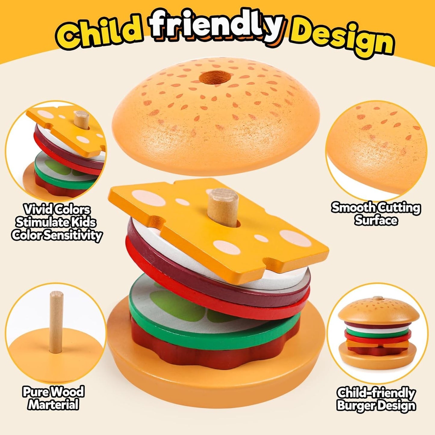 Wooden Burger Sandwich Stacking Toys For Toddler Kids Preschool Learning Educational Toys Pretend Play Food Kitchen Toys Gifts