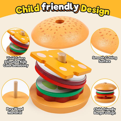 Wooden Burger Sandwich Stacking Toys For Toddler Kids Preschool Learning Educational Toys Pretend Play Food Kitchen Toys Gifts
