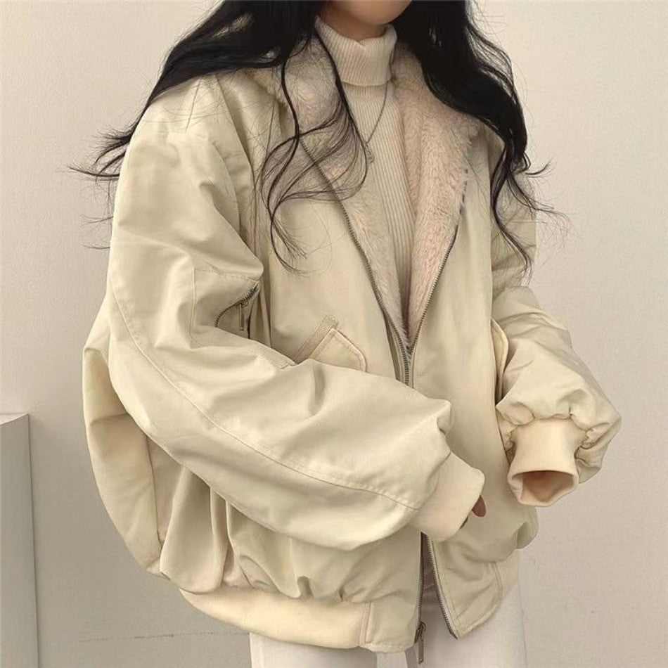 Korean Fleece-Lined Thickened Reversible Lambswool Cotton Jacket Women's Autumn Winter New Zipper Hooded Cotton Coat Top