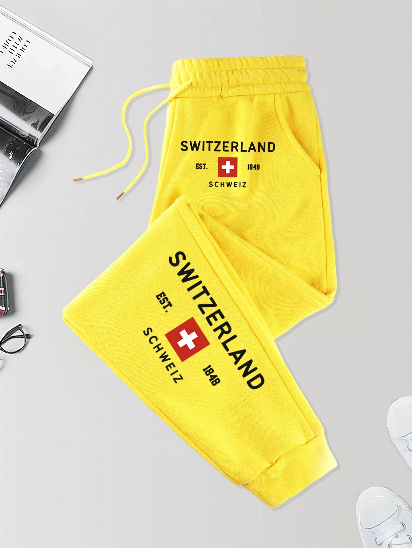Suíça Fundada em 1848 Estampas Calças Esportivas Masculinas Bolsos Calças Outono Britches Cintura Elástica Calças de Moletom Esportivas Calças de Rua Modernas Unissex