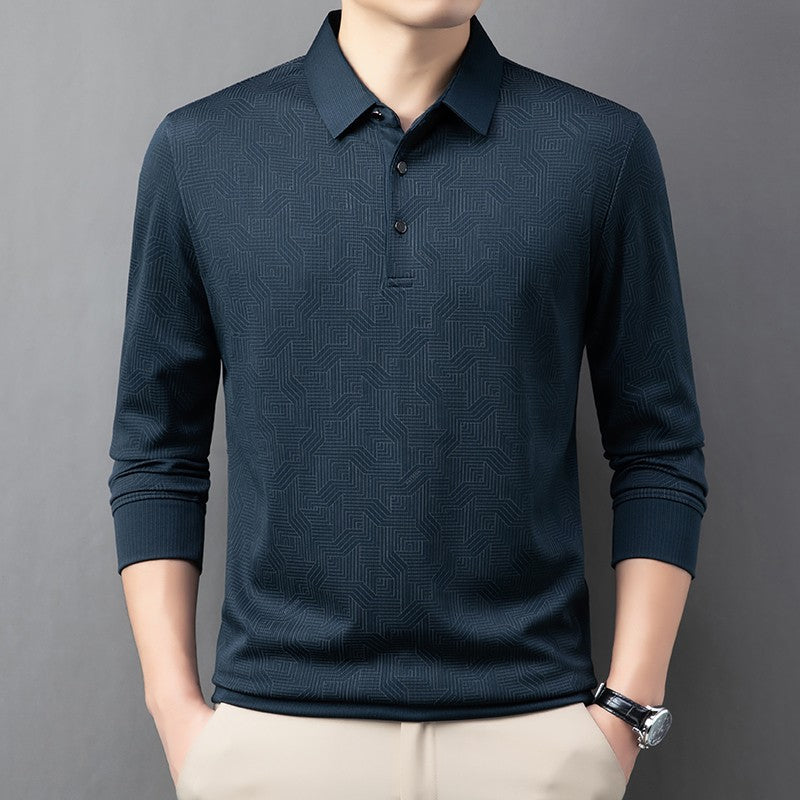 New Men's Business Casual Long Sleeved Shirt with Badge Solid Color Polo Shirt Fashionable Breathable Comfortable Versatile Top