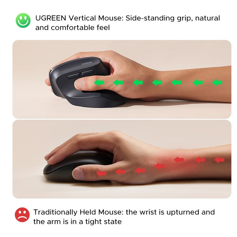 Mouse Sem Fio Vertical UGREEN 2.4G Ergonômico 4000DPI 6 Botões Silenciosos para MacBook, Tablet, Notebooks, Computador, PC, Mouse Preto e Rosa