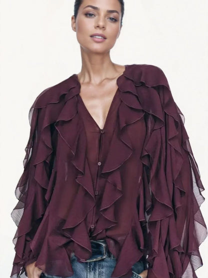 2025 Summer Chic Women's Elegant Loose Long Sleeve Layered Shirts Office Lady Vintage V-neck Translucent Tierred Ruffles Blouses